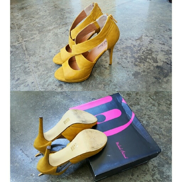 Mustard Velvety/Suede/Leather Cris Cross Stilettos - Picture 2 of 3